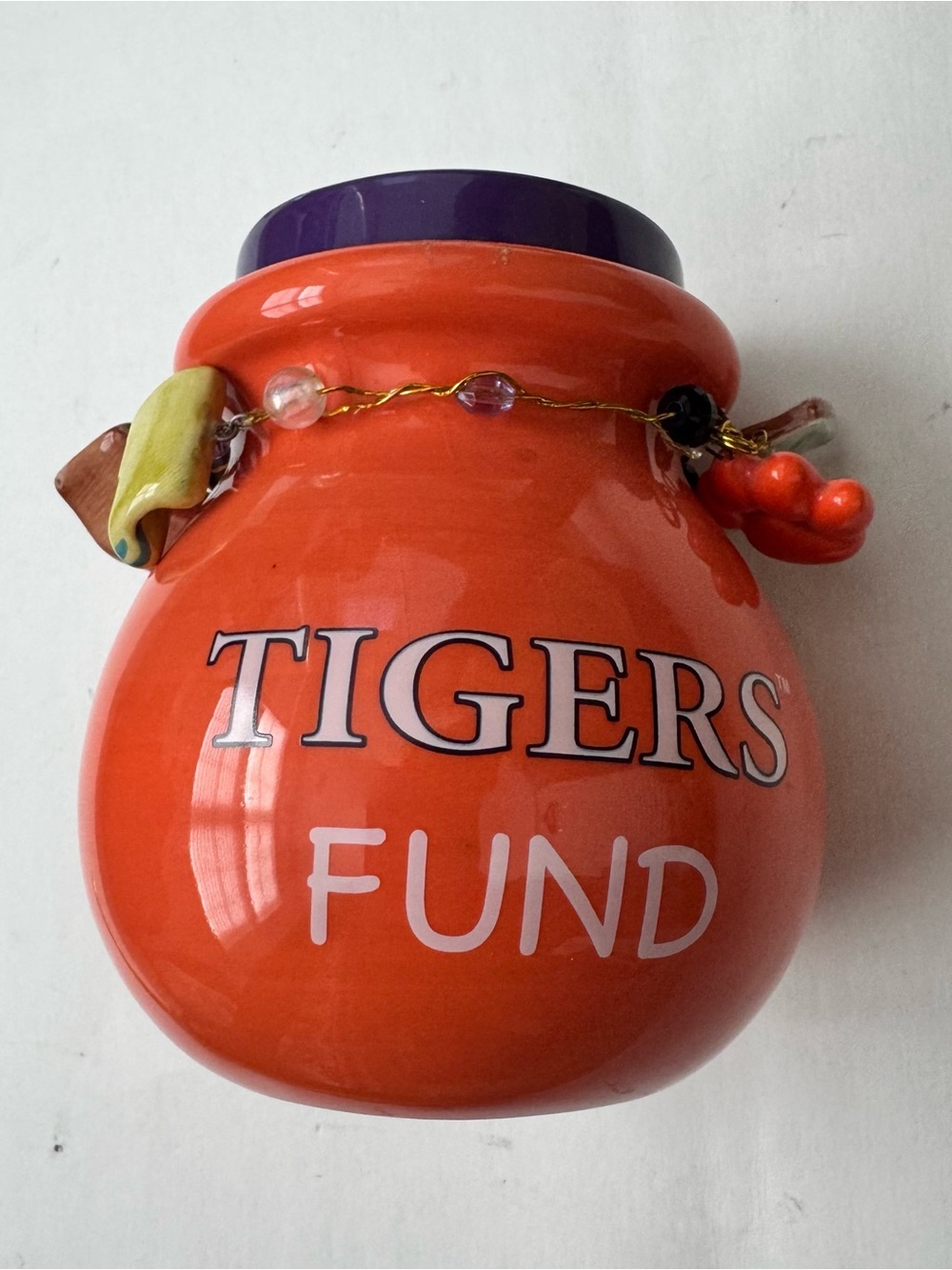 Tigers Fund Ceramic Coin Bank Piggy Jar Orange Purple Paw Charms NCAA Fan Decor